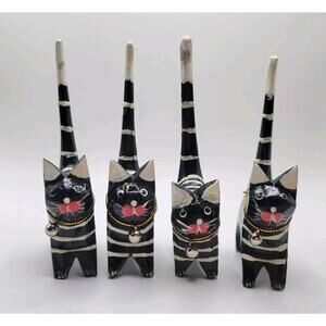 Wooden Long Tail Cat Figurine With Jingle Bells Small Black & White Color Pink